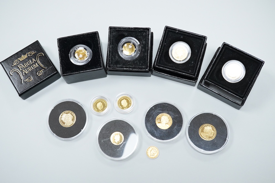 Gold coins, Elizabeth II;, Ascension Island, 1/5 sovereign, 2013, Tristan de Cunha, six gold half crowns (2009 x 4 and 2010 x 2), and a quarter sovereign, 2016, British virgin islands gold $3, 2013, Isle of Man gold 1/5